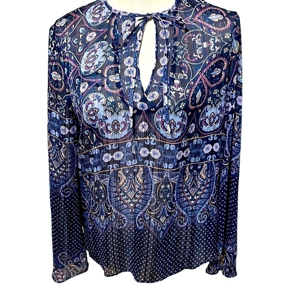 Laundry blouse, blue semi sheer with metallic threads. Sm - Picture 1 of 6